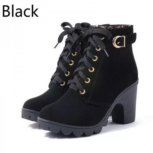 Autumn and winter 2020 new high-heeled women's boots cross strap short boots thick heel Martin boots leather boots spot wholesale