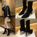 High heels pointed high heels thin boots women's autumn and winter new boots middle tube elastic boots middle heel thick HEELS SHORT BOOTS