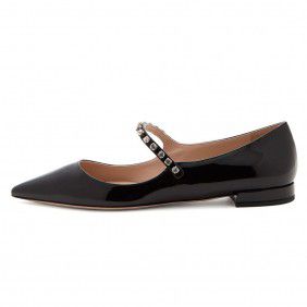 Black patent leather pointed flat sole shoes Mary Jane
