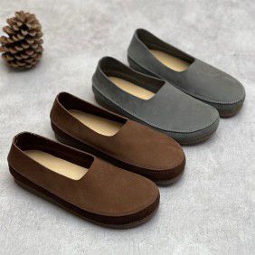 Artistic retro cowhide women's single shoes with flat bottom, round toe, soft leather, soft sole, casual and versatile