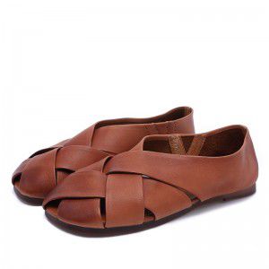Women's shoe toe layer cowhide comfortable soft sole round toe hollow out