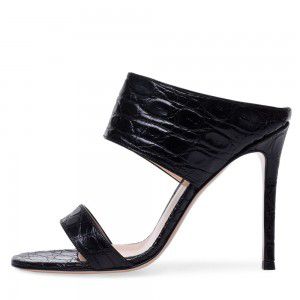 Black crocodile patterned women's high-heeled slippers with a single stripe