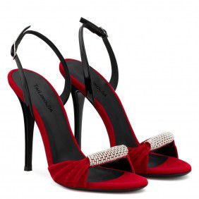 Black and red velvet rhinestone high-heeled sandals for dinner parties