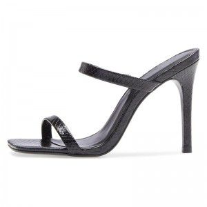 Black snake patterned PU square toe M ü ller shoes, fashionable slim high heels