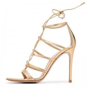 Golden PU Stiletto High Heels Summer New Style Front Strap Open Toe Sandals