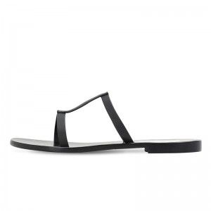 Black PU flat sandals casual beach shoes