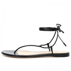 Black PU fashion flat toe sandals with ankle straps BeachSandals