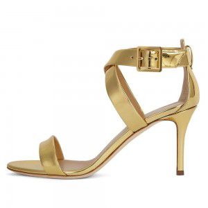 Golden and black straight strap high-heeled sandals
