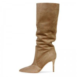 Pointed suede brown high-heeled fashionable mid calf knee high women's boots with pleats
