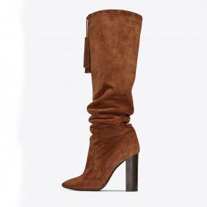 Black brown pointed tassel pendant with pleats, thick high heels, knee high boots for one kick