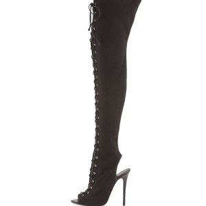 Black canvas denim boots with front and back openings and front straps, knee high and thigh high