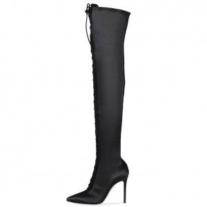 Sharp pointed lace up elegant black high-heeled elastic knee high boots