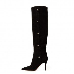 Black pointed high-heeled knee high boots for autumn and winter fashion women's shoes