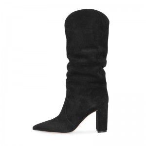 Black Sheep Jing pointed velvet lining thick high heels ChunkyHeel fashionable mid calf women's boots