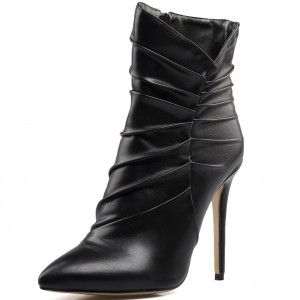 Pointed black high-heeled pleated ankle boots