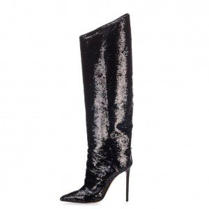Black sequined high-heeled knee high boots