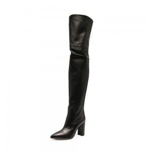 Ladies' pointed, thick, high-heeled spliced knee high boots, fashionable thigh boots, winter