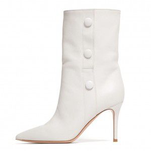 White pointed high-heeled mid heeled boots for autumn and winter fashion women's shoes