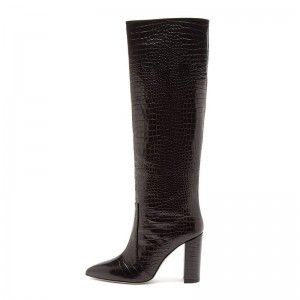 Sexy crocodile patterned knee high leather boots